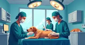 Veterinário realizando cirurgia em cachorro em ambiente clínico moderno e bem iluminado