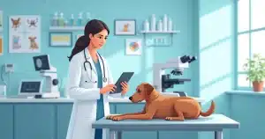 Veterinário realizando exame laboratorial rápido em cachorro com equipamentos modernos