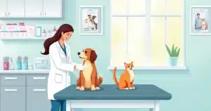 Cão e gato recebendo vacina de veterinário em clínica veterinária moderna