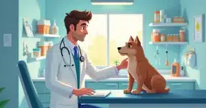 Veterinário examinando cachorro com expressão preocupada em clínica veterinária moderna