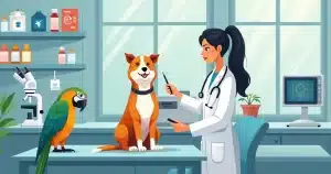 Veterinário examinando cão e papagaio em clínica com equipamentos médicos modernos