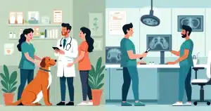 Ilustração corporativa dividida mostrando uma clínica veterinária com atendimento básico à esquerda e hospital veterinário com equipes e equipamentos médicos à direita