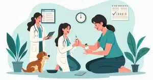 Ilustração de dono administrando medicamento para cachorro com frasco, seringa e consulta veterinária visível