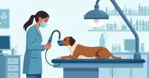 Ilustração corporativa de um veterinário aplicando anestesia inalatória em um cachorro em clínica veterinária