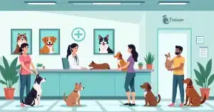 Recepção de clínica veterinária com atendente e clientes com cães e gatos