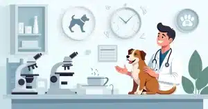 Veterinário atendendo cachorro em clínica veterinária moderna, ambiente limpo com equipamentos médicos